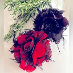 2 Brooches Hair Barrettes clips: Red, Black Roses in Lace, Fabric, Feathers 4”